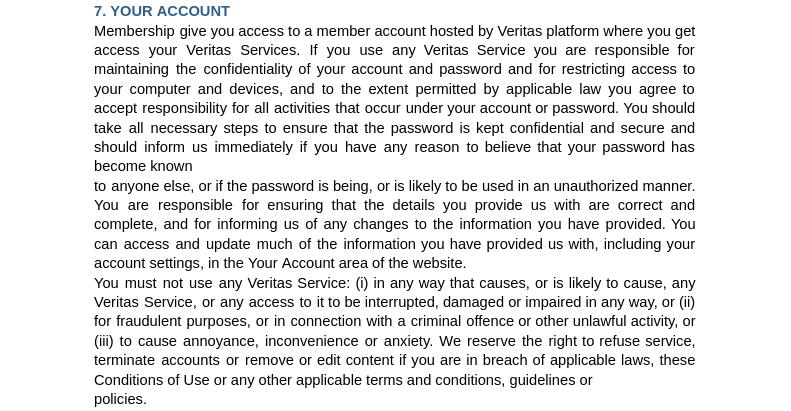 Veritas conditions of use