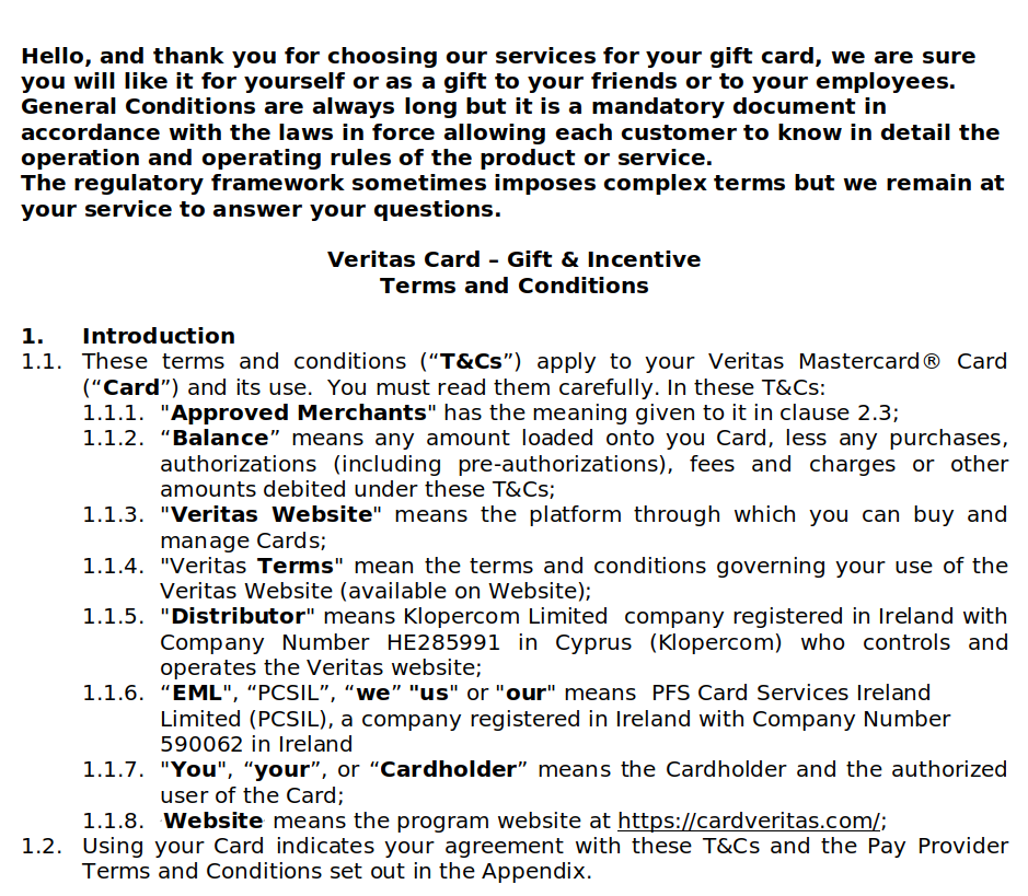Veritas Gift Card Terms and Conditions